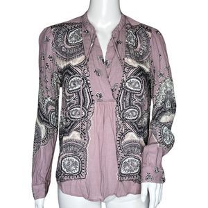 Lucky Brand Shirt Women Medium Pink Black Paisley Print Peasant Boho Bohemian